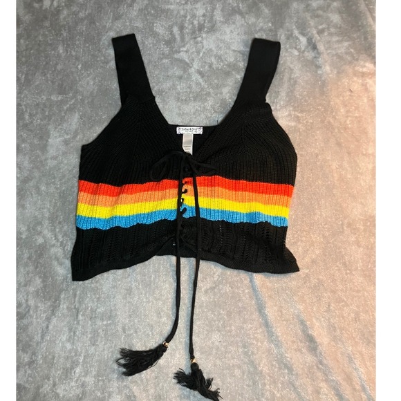 Jolie & Joy by FCT With Love Tops - Jolie Joy Rainbow Stripe Lace Up Knit Crop Tank Top Plus 1X Boho Fairy Festival